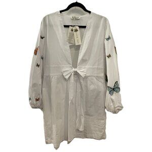NWT Fanm Mon Larson Embroidered Butterfly Long Sleeve V-Neck White D…